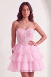 Pink Sparkly Sequins Strapless Beaded A-Line Ruffled Short Cocktail Dress