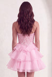 Pink Sparkly Sequins Strapless Beaded A-Line Ruffled Short Cocktail Dress