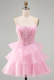 Pink Sparkly Sequins Strapless Beaded A-Line Ruffled Short Cocktail Dress