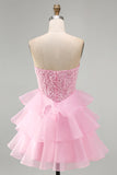 Pink Sparkly Sequins Strapless Beaded A-Line Ruffled Short Cocktail Dress