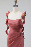 Terracotta Mermaid Square Neck Ruched Maxi Wedding Guest Dress with Ruffles