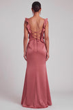 Terracotta Mermaid Square Neck Ruched Maxi Wedding Guest Dress with Ruffles