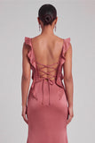 Terracotta Mermaid Square Neck Ruched Maxi Wedding Guest Dress with Ruffles