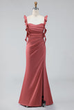 Terracotta Mermaid Square Neck Ruched Maxi Wedding Guest Dress with Ruffles