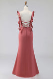 Terracotta Mermaid Square Neck Ruched Maxi Wedding Guest Dress with Ruffles