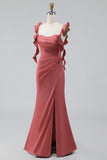 Terracotta Mermaid Square Neck Ruched Maxi Wedding Guest Dress with Ruffles
