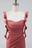 Terracotta Mermaid Square Neck Ruched Maxi Wedding Guest Dress with Ruffles