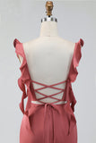 Terracotta Mermaid Square Neck Ruched Maxi Wedding Guest Dress with Ruffles
