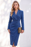 Blue Notched Lapel Ruched Pencil Midi Work Dress with Sleeves