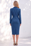 Blue Notched Lapel Ruched Pencil Midi Work Dress with Sleeves