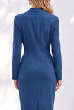 Blue Notched Lapel Ruched Pencil Midi Work Dress with Sleeves