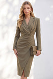 Blue Notched Lapel Ruched Pencil Midi Work Dress with Sleeves