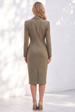 Blue Notched Lapel Ruched Pencil Midi Work Dress with Sleeves