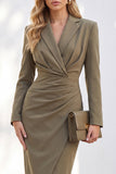 Blue Notched Lapel Ruched Pencil Midi Work Dress with Sleeves