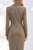 Blue Notched Lapel Ruched Pencil Midi Work Dress with Sleeves