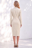 Blue Notched Lapel Ruched Pencil Midi Work Dress with Sleeves