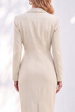 Blue Notched Lapel Ruched Pencil Midi Work Dress with Sleeves
