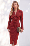Blue Notched Lapel Ruched Pencil Midi Work Dress with Sleeves