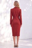 Blue Notched Lapel Ruched Pencil Midi Work Dress with Sleeves