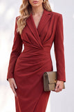 Blue Notched Lapel Ruched Pencil Midi Work Dress with Sleeves