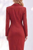 Blue Notched Lapel Ruched Pencil Midi Work Dress with Sleeves