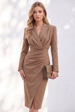 Blue Notched Lapel Ruched Pencil Midi Work Dress with Sleeves