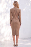 Blue Notched Lapel Ruched Pencil Midi Work Dress with Sleeves