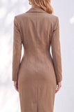 Blue Notched Lapel Ruched Pencil Midi Work Dress with Sleeves