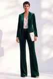 Dark Green Peak Lapel Velvet 2 Piece Women Suits with Sleeves