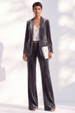 Dark Green Peak Lapel Velvet 2 Piece Women Suits with Sleeves