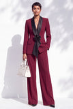 Burgundy Shawl Lapel Floral 2 Piece Wide Leg Women Suits with Sleeves