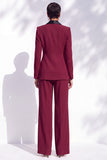 Burgundy Shawl Lapel Floral 2 Piece Wide Leg Women Suits with Sleeves