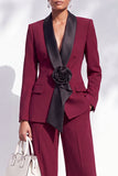 Burgundy Shawl Lapel Floral 2 Piece Wide Leg Women Suits with Sleeves
