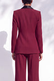 Burgundy Shawl Lapel Floral 2 Piece Wide Leg Women Suits with Sleeves