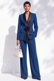 Burgundy Shawl Lapel Floral 2 Piece Wide Leg Women Suits with Sleeves