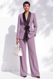 Burgundy Shawl Lapel Floral 2 Piece Wide Leg Women Suits with Sleeves
