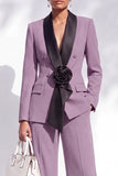 Burgundy Shawl Lapel Floral 2 Piece Wide Leg Women Suits with Sleeves