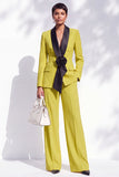 Burgundy Shawl Lapel Floral 2 Piece Wide Leg Women Suits with Sleeves