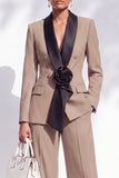 Burgundy Shawl Lapel Floral 2 Piece Wide Leg Women Suits with Sleeves