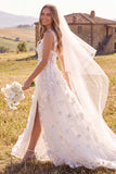 Floral White A-Line Corset Sweep Train Wedding Dress with Slit