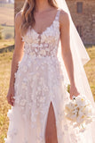 Floral White A-Line Corset Sweep Train Wedding Dress with Slit