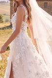 Floral White A-Line Corset Sweep Train Wedding Dress with Slit