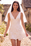 White Floral A-Line V-Neck Short Wedding Dress