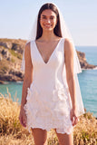 White Floral A-Line V-Neck Short Wedding Dress