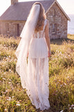White Corset Lace Sweep Train Boho Wedding Dress