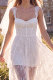 White Corset Lace Sweep Train Boho Wedding Dress