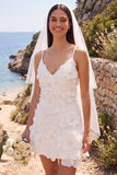Sparkly Floral White Bodycon Spaghetti Straps Short Wedding Dress with Pearls