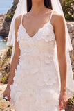Sparkly Floral White Bodycon Spaghetti Straps Short Wedding Dress with Pearls