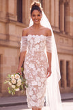 Floral White Off the Shoulder Bodycon Midi Wedding Dress