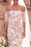 Floral White Off the Shoulder Bodycon Midi Wedding Dress